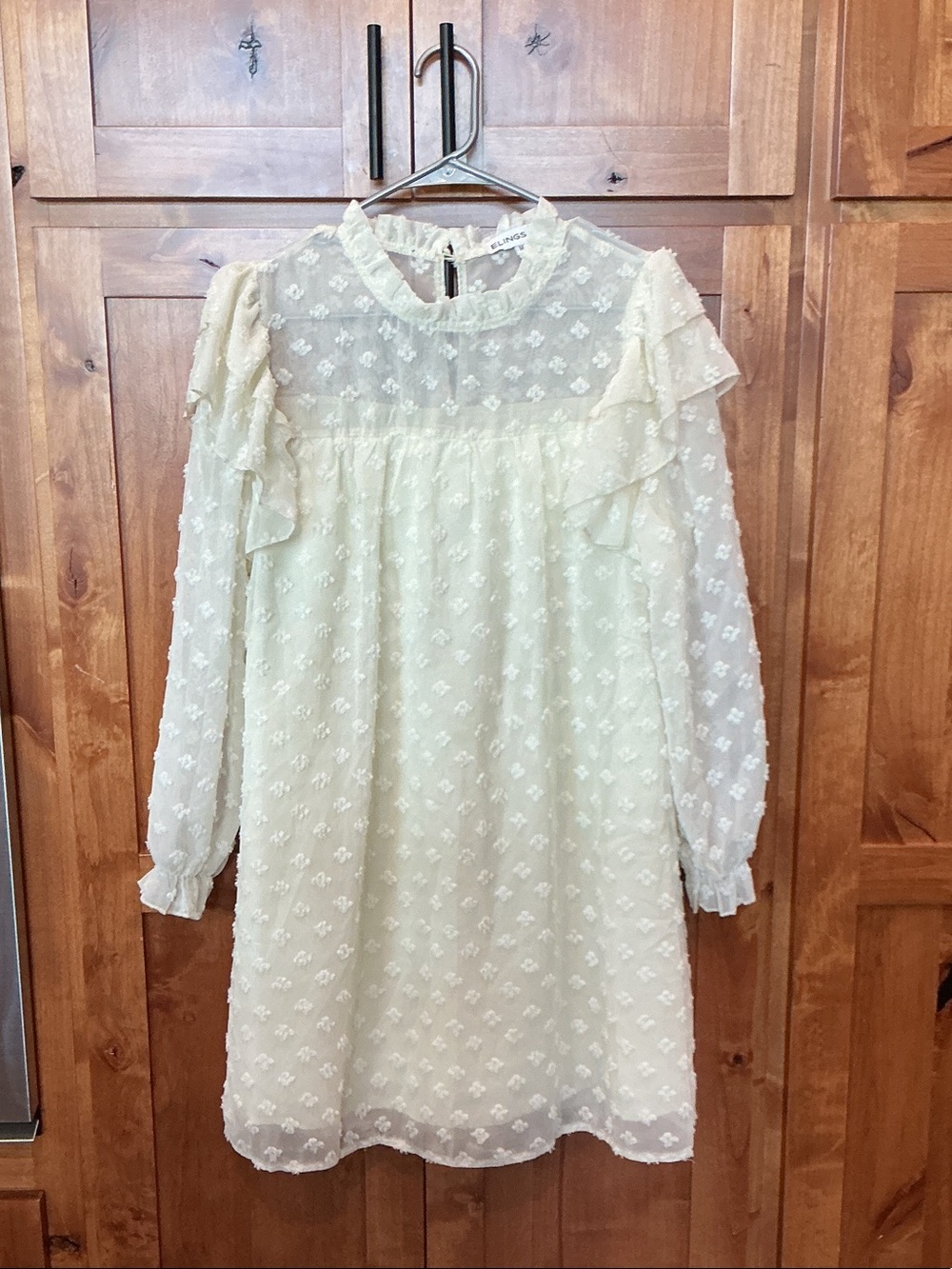 Girls Cream Swiss Dot Ruffle Long-Sleeve Dress